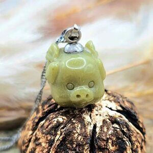Nature Alashan Agate Carved Pig With Wings Pendant Necklace